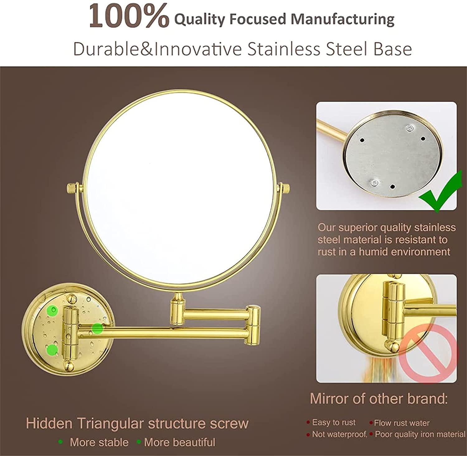 FJYDM FJYDM Wall Mounted Makeup Mirror, 8 inch Gold Double Sided Magnifying Shaving Mirror, 360 Swivel Extendable Folding Bathroom Vanity Mirrors,10x