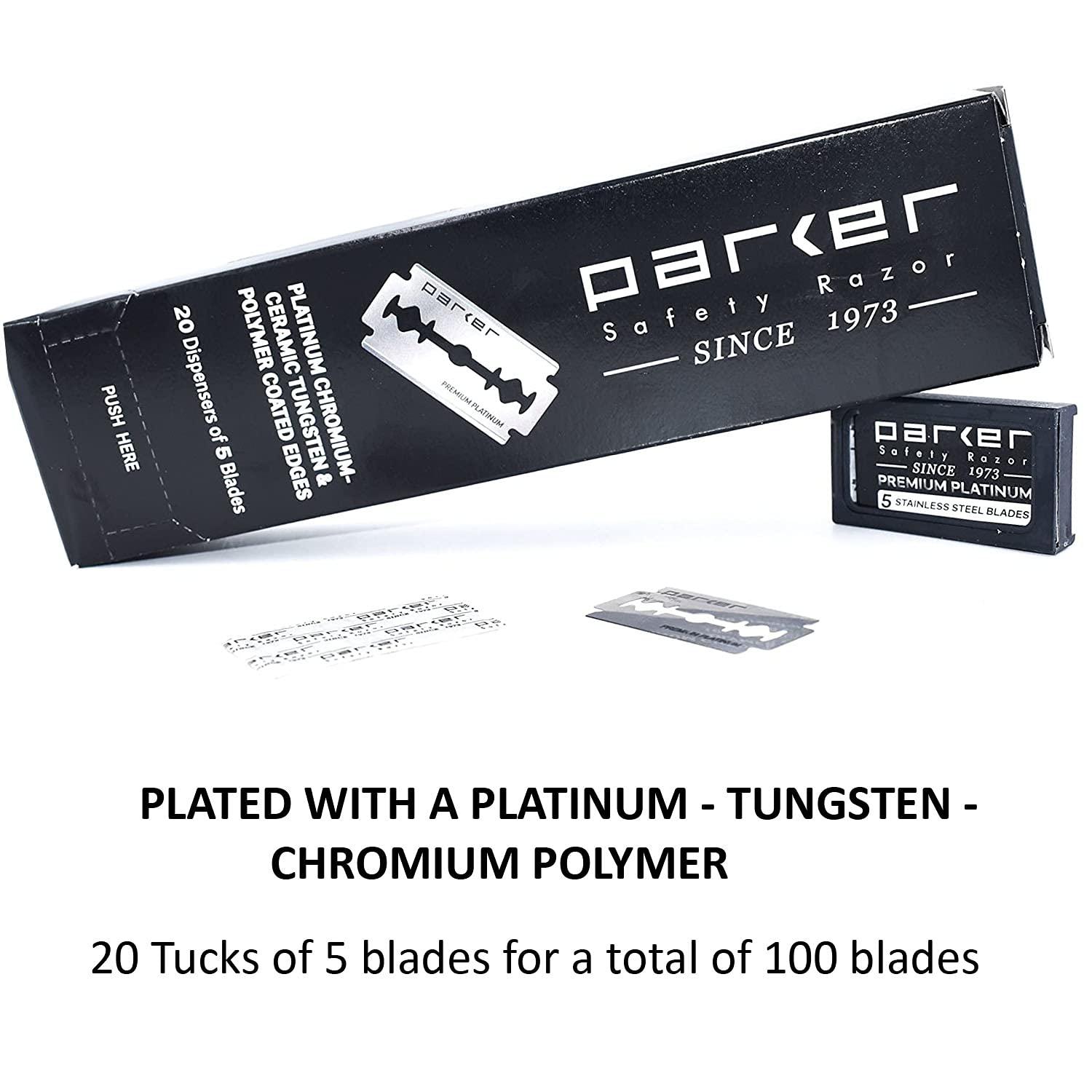 Parker Safety Razor Parker 100 Count, Parker Double Edge Safety Razor Blades, Premium Platinum Stainless Steel Razor Blades with PTFE, Tungsten and Chromium Coated Edges for Smooth, and Comfortable Shaves