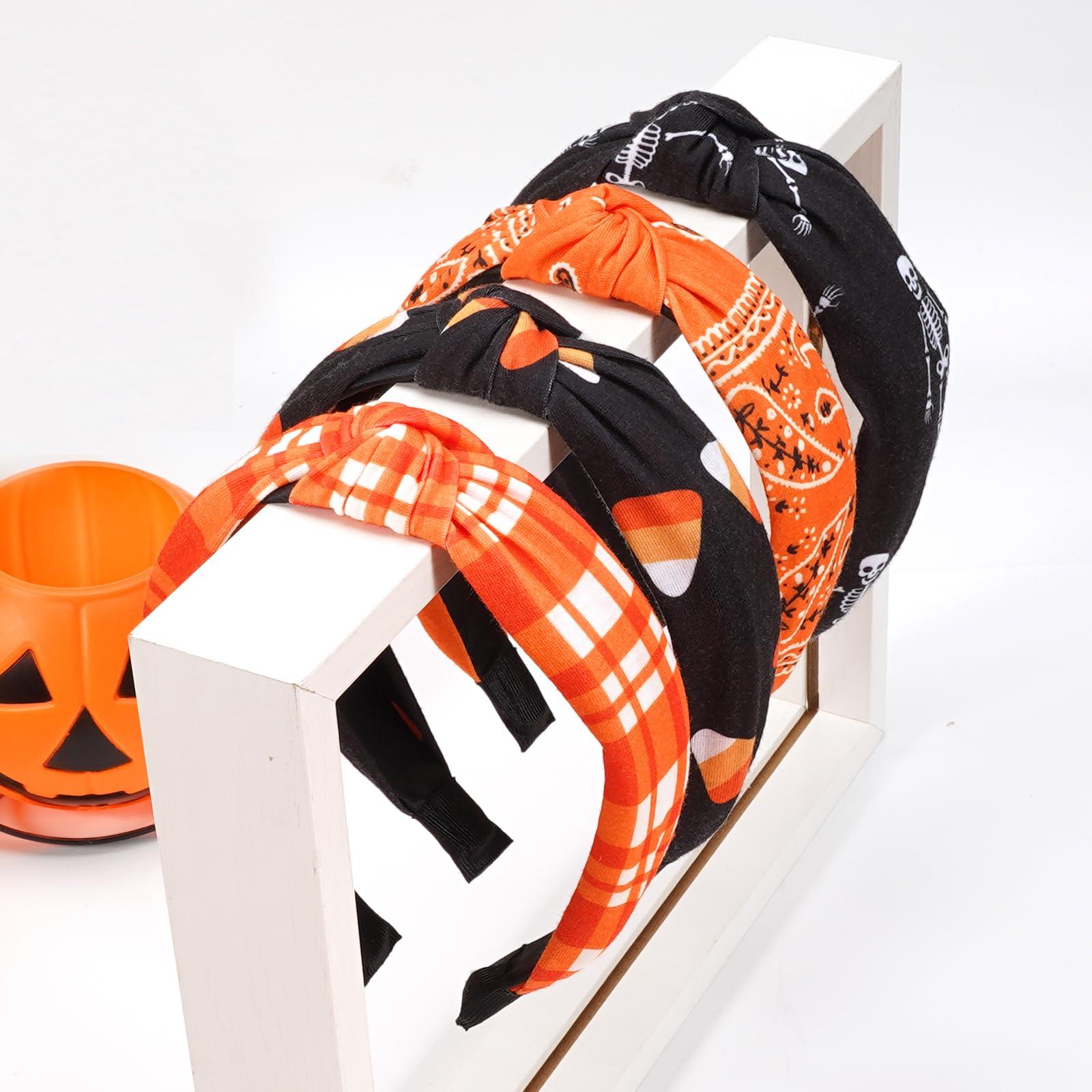 Bookay Halloween Headbands for Women Girls Skeleton Skull Candy Wide Knot Heabdand Fall Orange Bandana Plaid Hairbands Hair Accessories Halloween Party Outfit Gifts