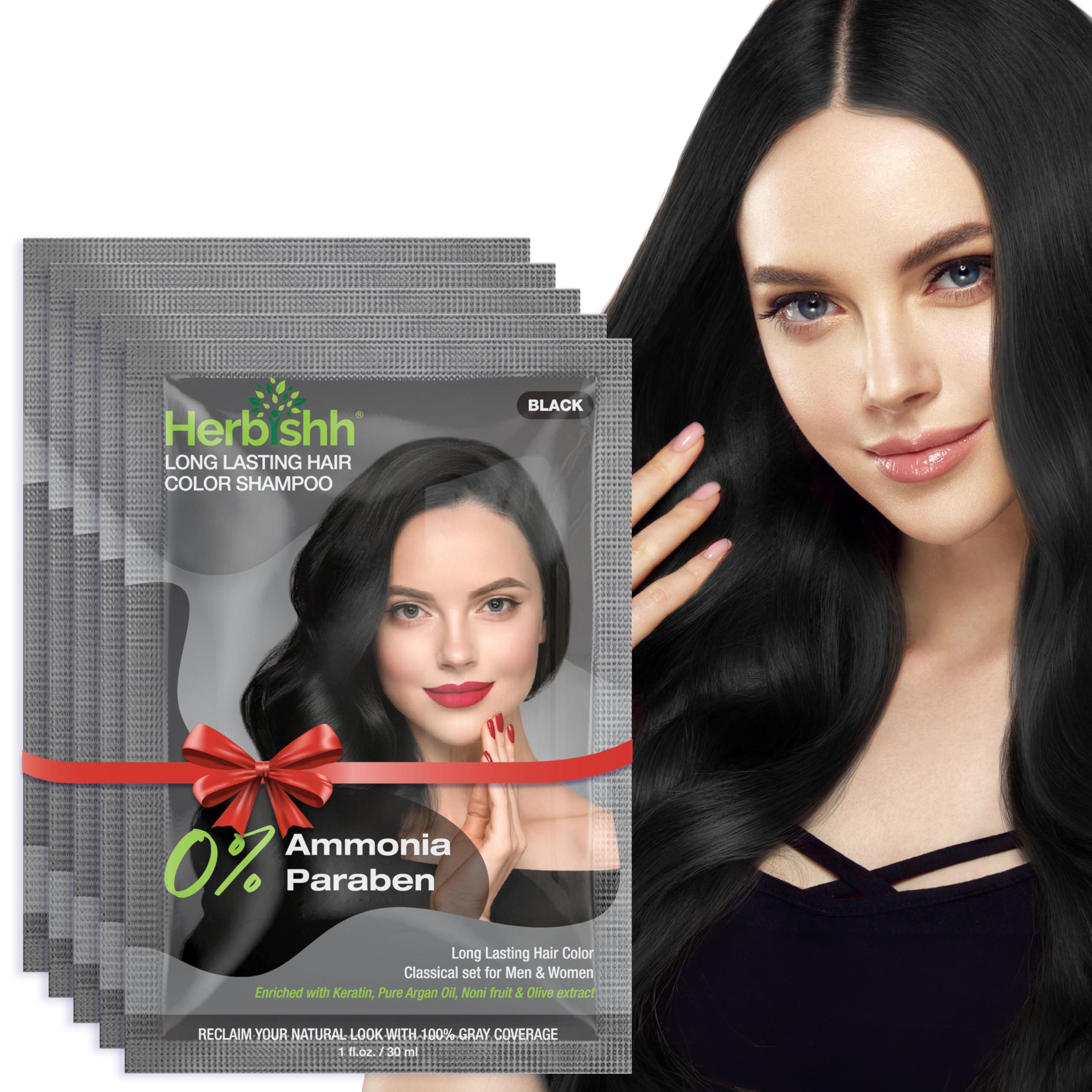 Herbishh Herbishh Travel Pack Hair Dye Color Shampoo in Sachet + 1pc Argan Hair Mask Sachet (Black, 5 sachets)