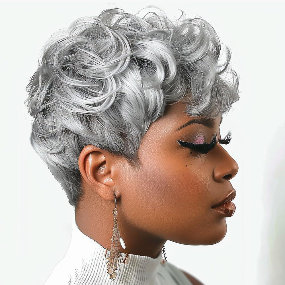 MOONSHOW MOONSHOW Grey Pixie Cut Wig Short Grey Wigs for Black Women Pixie Cut Wig Short Pixie Gray Wigs for Blcak Women Synthetic Pixie Wig Natural Wavy Short Curly Gray Pixie Cut Wigs for Old Women(Grey)