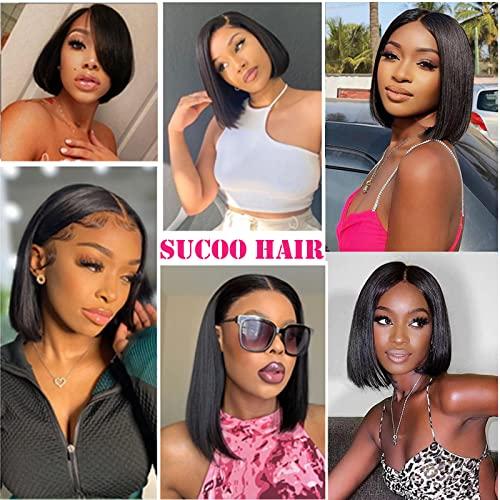 SuCoo 14inch Bob Wig Human Hair Short Straight 13x4 Lace Front Wigs Human Hair Pre Plucked With Baby Hair Glueless HD Lace Frontal Bob Wigs For Black Women Human Hair Natural Hairline 150% Density