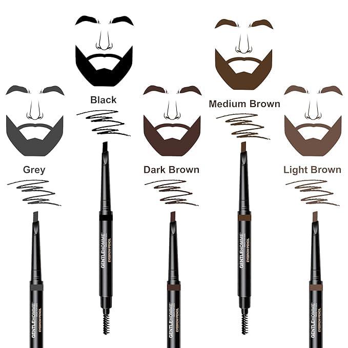 Gentlehomme Mens Eyebrow Pencil Medium Brown, Easily Shape Define Fill Eyebrows or Facial Hair, 2 in 1 brush and ultra-thin pencil, Waterproof Smudge Proof Sweat-proof, Durable and Long Lasting (Brown)