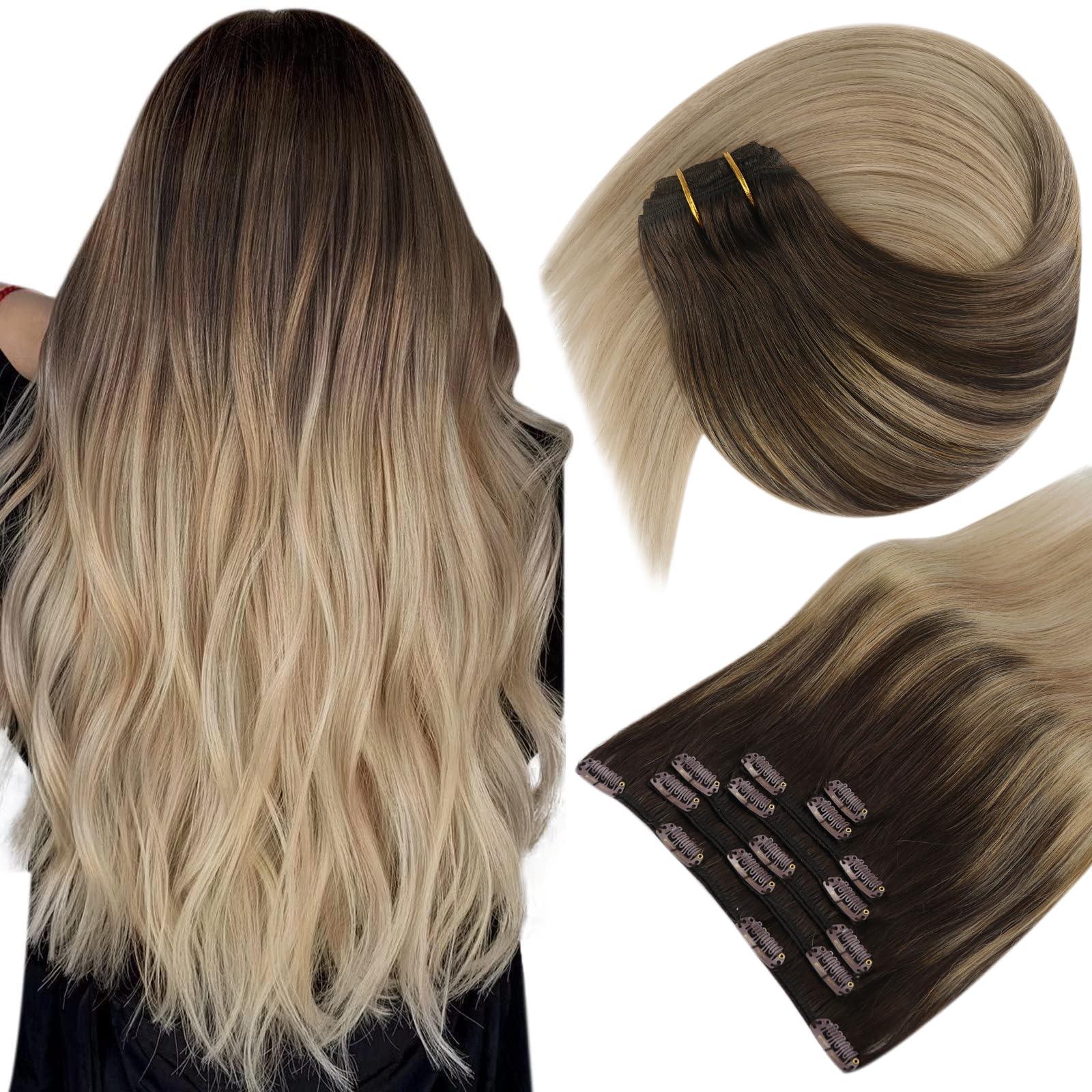 Sunny Hair Sunny Hair Clip in Hair Extensions Straight Human Hair Clip in Extensions Remy Clip in Hair Extensions Real Human Hair Extensions Clip ins Full Head Dark Brown Roots to Ash Blonde 20inch