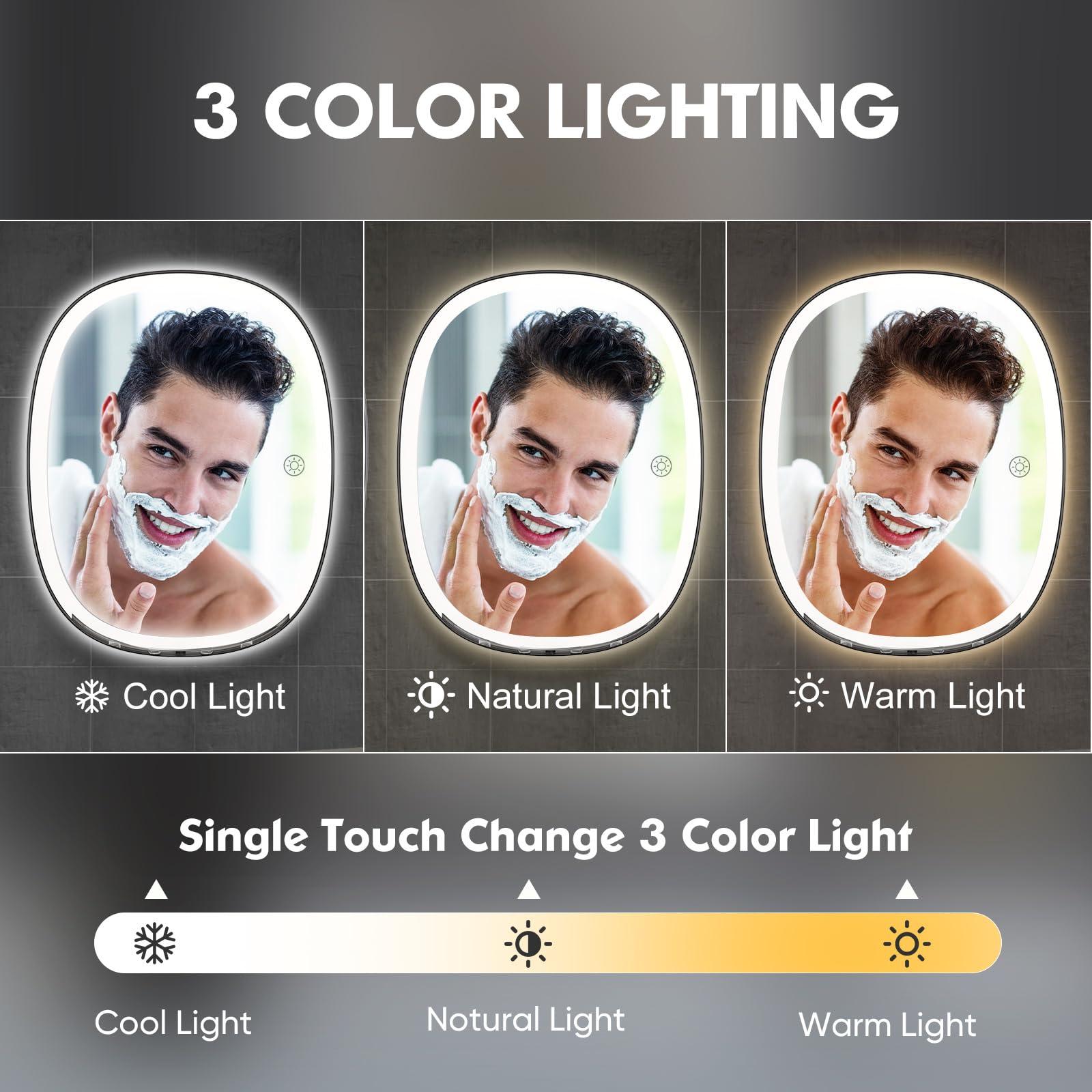 COSMIRROR COSMIRROR Shower Mirror Fogless for Shaving with Razor Holders, No-Drilling, 3-Color Dimmable Lights Larger Anti-Fog Shower Mirror with Light Shatterproof & Waterproof for Men and Women