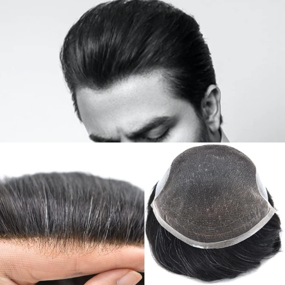 Generic Lace Front Toupee For Men 100% Real Human Hair Wigs For Men Thin Skin With French Lace Mens Toupee Bleached Knots Natural Looking Mix Gray Hair Pieces For Men US Stock. (8x10\"-100%, #1B30 1B# OFF BLACK 30% SYNTHETIC GREY)
