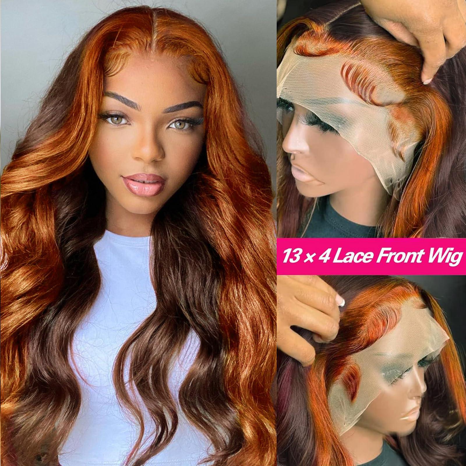 haha haha Chocolate Brown and Ginger Skunk Stripe Lace Front Wig Human Hair Ginger Orange Ombre Highlight Lace Front Wigs Pre Plucked Bleached Knots 13x4 Body Wave Frontal Wig 28 Inch 150% Density