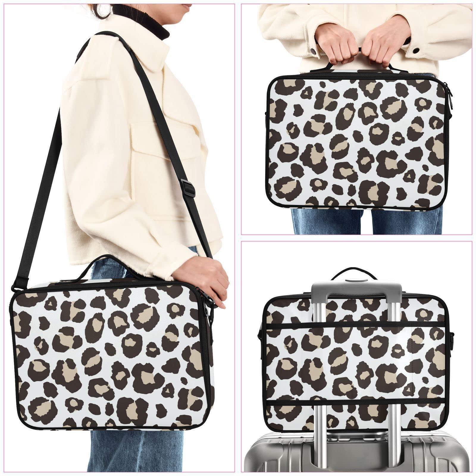 KLL KLL Leopard Print Pattern Large Capacity Cosmetic Case Travel Makeup Train Case with Adjustable Dividers and Shoulder Strap Portable Storage Bag for Toiletry Makeup Brush Jewelry Travel Accessories
