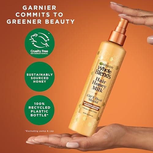 Garnier Garnier Whole Blends Honey Treasures Repairing Shampoo (22 Fl Oz), Conditioner (22 Fl Oz) + Hair Honey Milk 450F Heat Protectant Spray (2 Count) (8.5 Fl Oz) (4 Items), Bundle (Packaging May Vary)