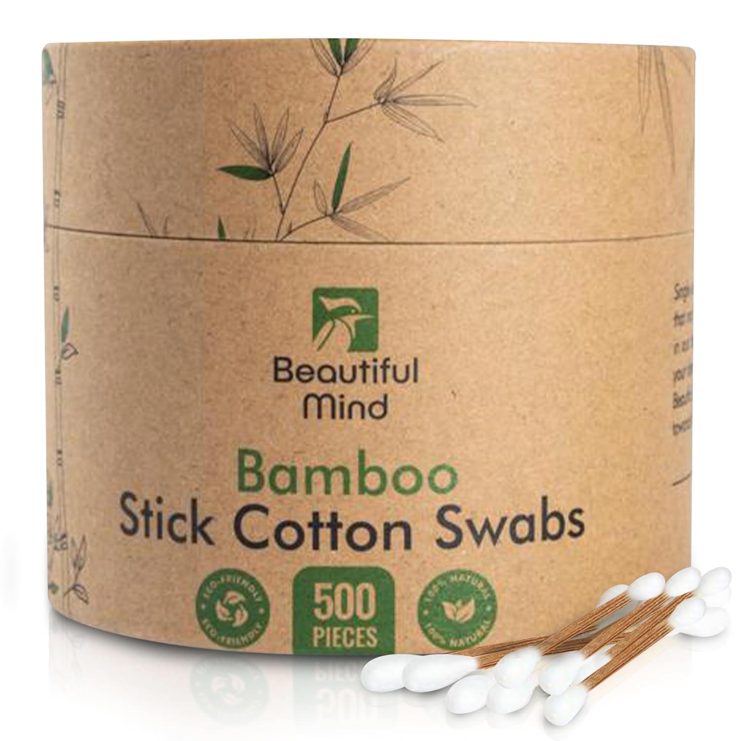 Beautiful Mind Beautiful Mind Bamboo Cotton Swabs for Ears  500 Pack  Qtips with Carbonized Bamboo for Durability  Eco-Friendly, Biodegradable & Vegan  100% Organic Cotton Ear Swabs for Makeup