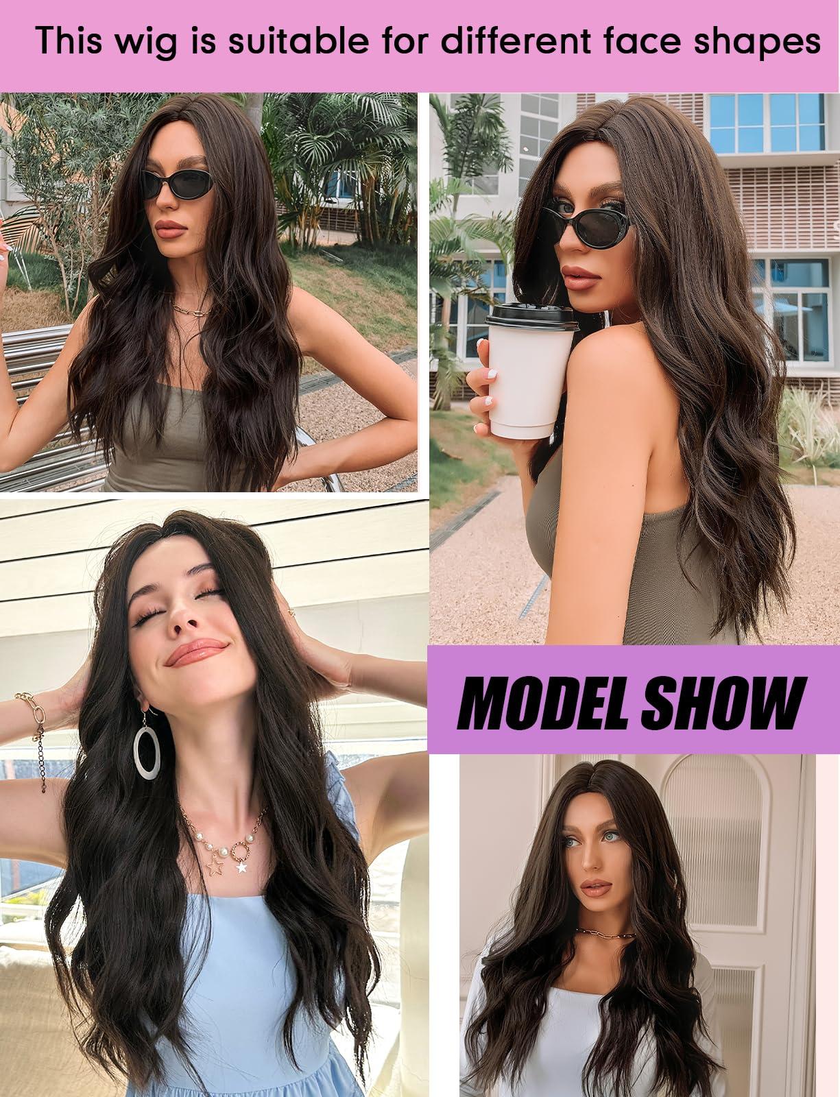 HAIRCUBE HAIRCUBE Long Dark Brown Wigs for Women Synthetic Curly Wavy Hair Wig for Daily