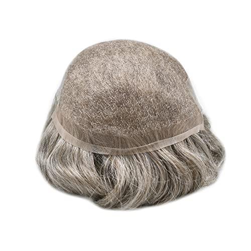 Generic Gray Toupee For Men European Human Hair Piece Swiss Lace Front Mens Toupee Bleached Knots Natural Hairline Gray White Hair Replacement System For Men. (8x10\'\'-100% Light Med-Light Density, 370# Dark Brown with 70% Synthetic Gray)