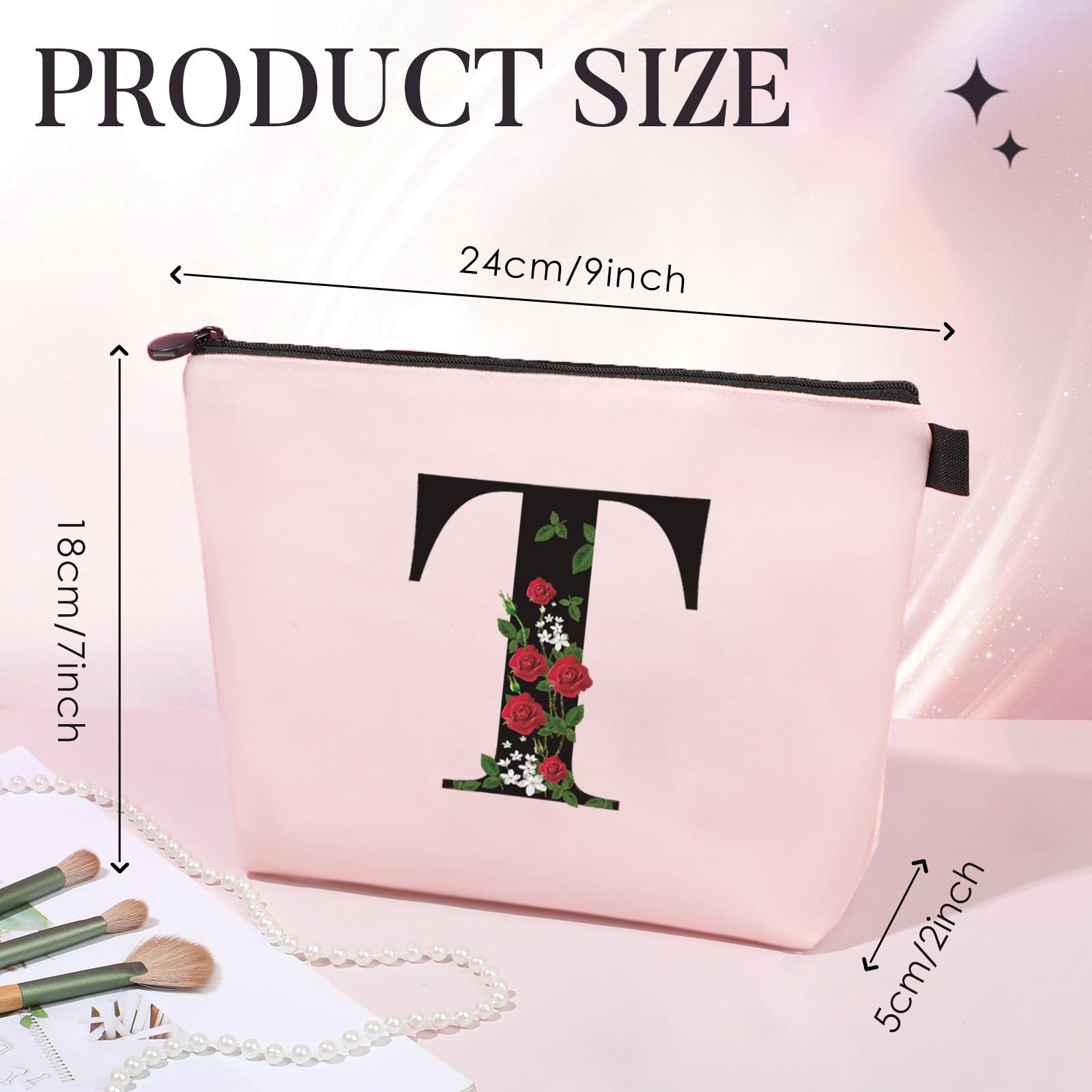 YESMET Personalized Makeup Bag, Initial Letter T Makeup Bag for Women Girl Christmas Gift Monogram Cosmetic Bag Pink Personalized Toiletry Pouch, For Mom Grandma Sister Friends Thanksgiving Christmas Gift