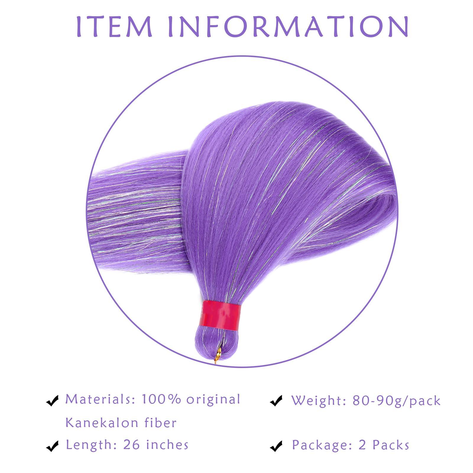 ROURUNFASI Purple with Tinsel Pre stretched Braiding Hair, 26 Inches Box Braiding Hair Extensions, 2 Packs Yaki Texture Synthetic Crochet Braids Hair