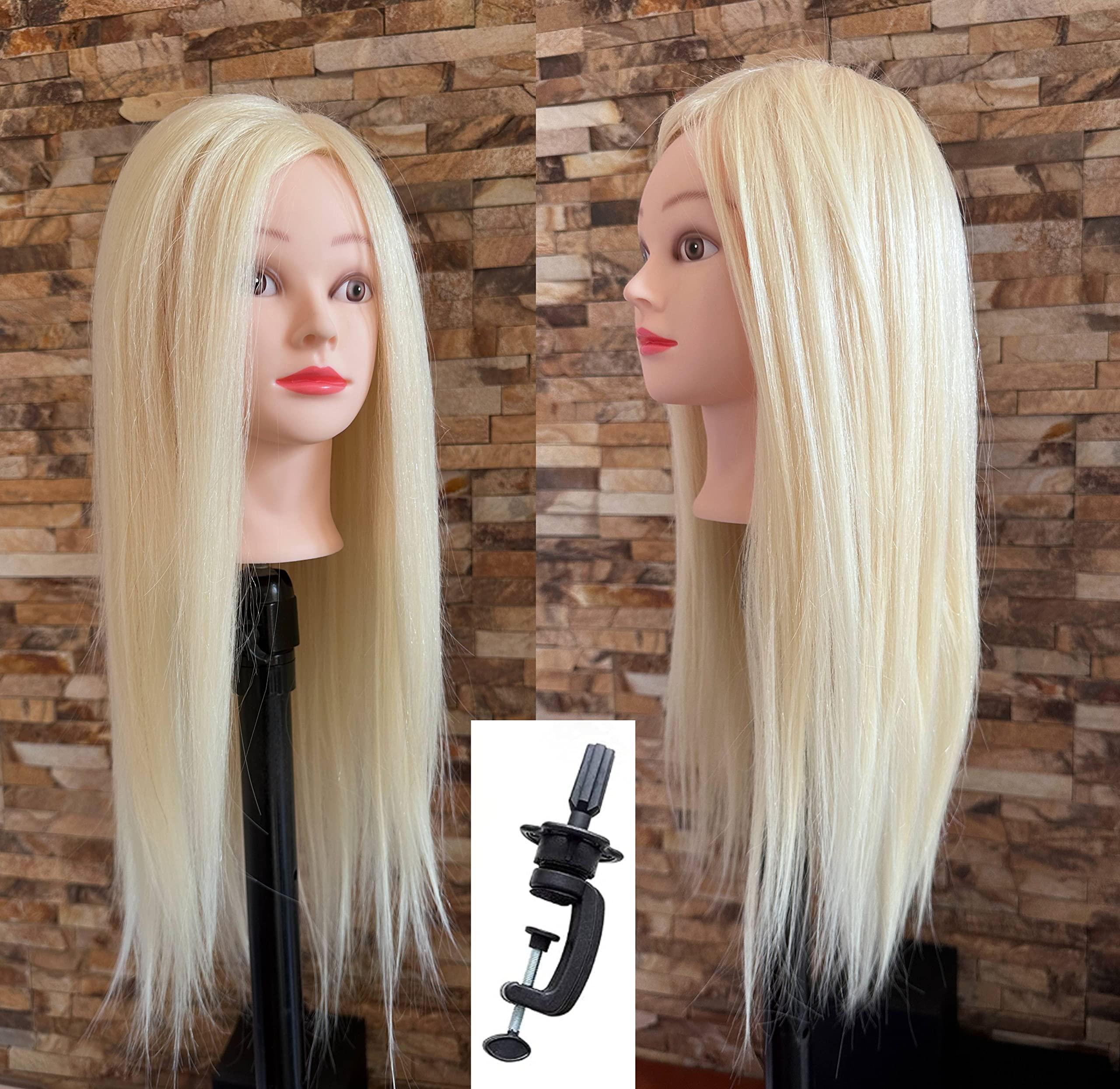 Devalook 24 Inches Professional Long 40% Soft Real Human Hair Hairdressing Equipment Styling Head Doll Mannequin Training Head Tools Braiding Cutting Student Practice Model Clamp (platinum blonde)