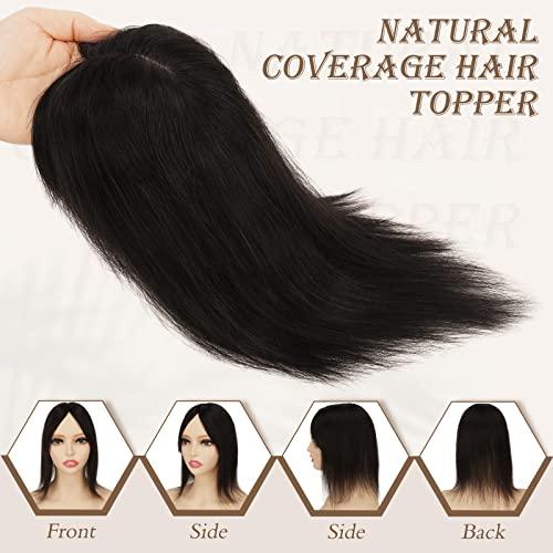 RUWISS RUWISS Human Hair Topper with Bangs Crown Topper Hair Pieces for Women Short Wiglet Topper for Thinning Hair 7.5 * 13CM Silk Base 100% Real Human Hair Clip in Topper 10Inch 35gNatural Black