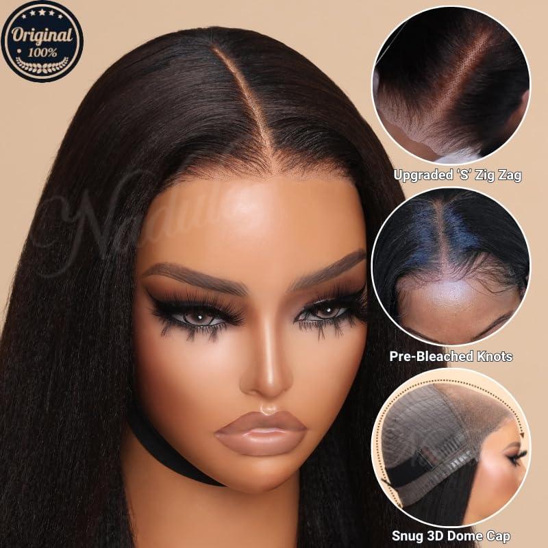 Nadula Nadula Bye Bye Knots Glueless Yaki Straight Bob 7x5 Lace Front Wigs Human Hair Pre Plucked Invisible Knots Pre Everything 3S Ready to Wear Short Yaki Bob Wigs Pre Cut 150% Density 12inch