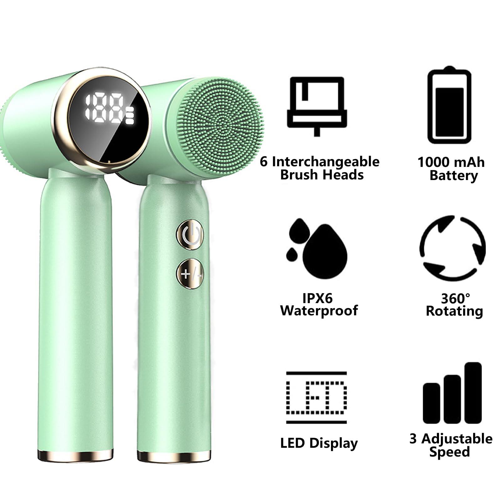 DotPet Facial Cleansing Brush, 6 in 1 Electric Face Scrubber with 6 Brush Heads and 3 Spin Speeds for Deep Cleansing, Waterproof Rechargeable Face Brushes for Dry Oily Sensitive Skin (Green)
