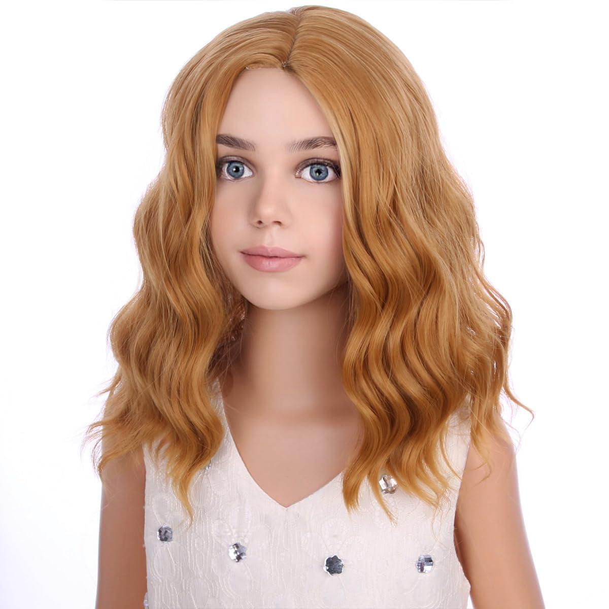 PATTNIUM PATTNIUM Strawberry Blonde Wig for Kids Child Short Curly Wavy Blonde Brown Wig Girl Side Part Shoulder Length Hair Synhhetic Wig