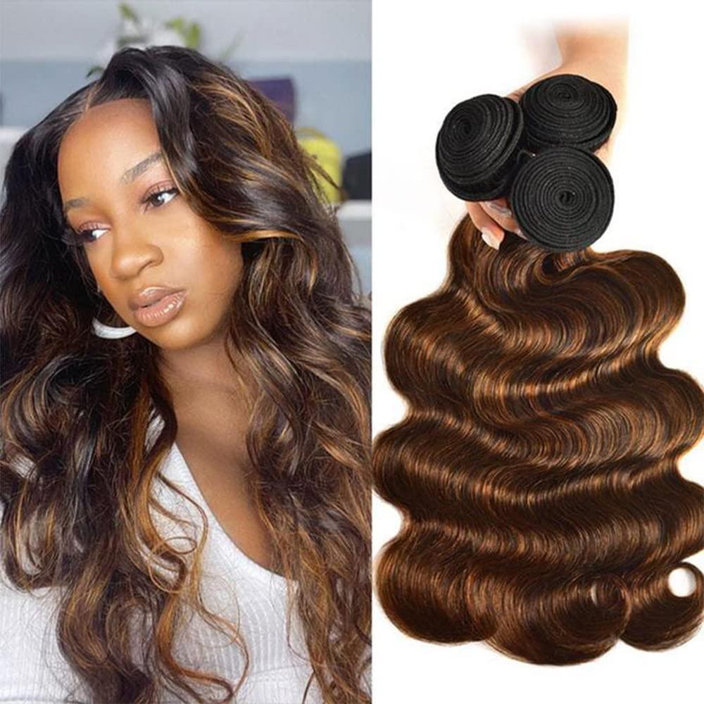 KLAIYI KLAIYI Ombre Brown Highlight Body Wave Human Hair Extensions 3 Bundles of 14 16 18Inch Balayage Honey Blonde Virgin Hair Weaves for Women Double Wefts Wavy Remy Hair with Dark Roots Sew In Piano Color