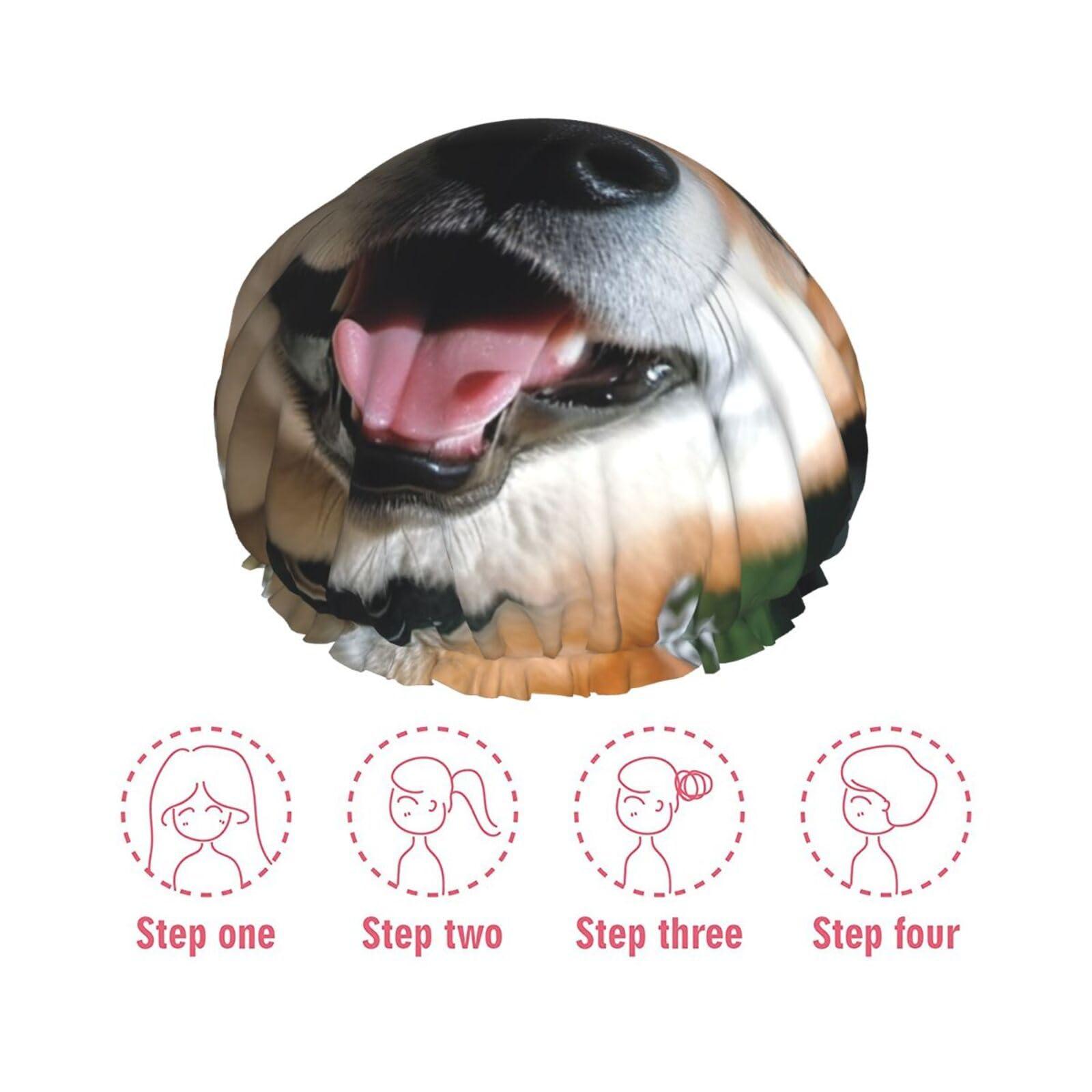 GFLFMXZW Shiba Inu Smile Tongue Out Shower Cap Reusable Double Layered Bath Cap Waterproof Hair Cap with Elastic Band Bathing Hat Spa Salon Shower Hat for Women Men