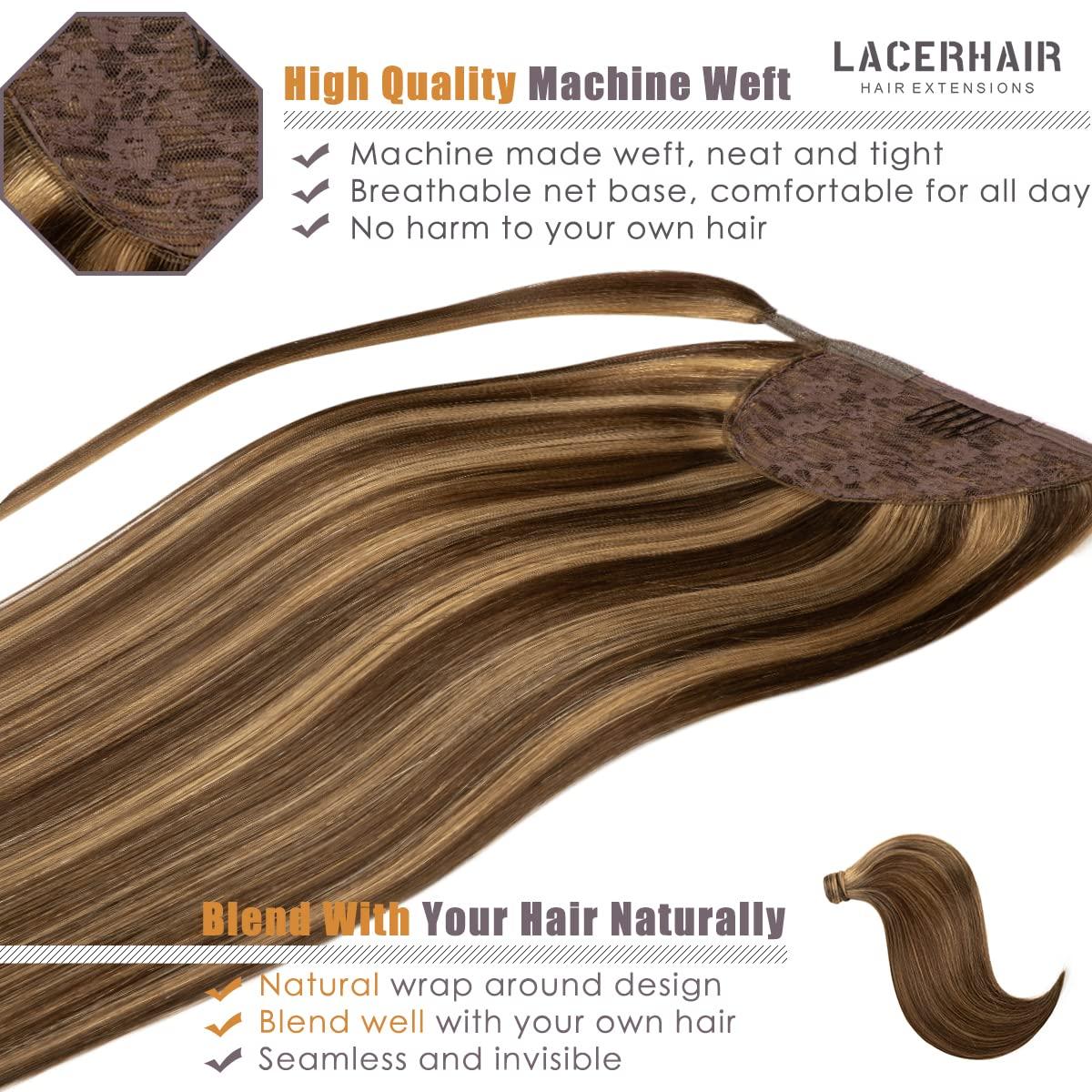 Lacer Lacer Real Hair Ponytail Extension Ombre Chocolate Brown to Caramel Blonde Pony Tails Extensions Human Hair Long Straight Wrap Around Human Hair Ponytails for Women Hair Piece 22 Inch 90g