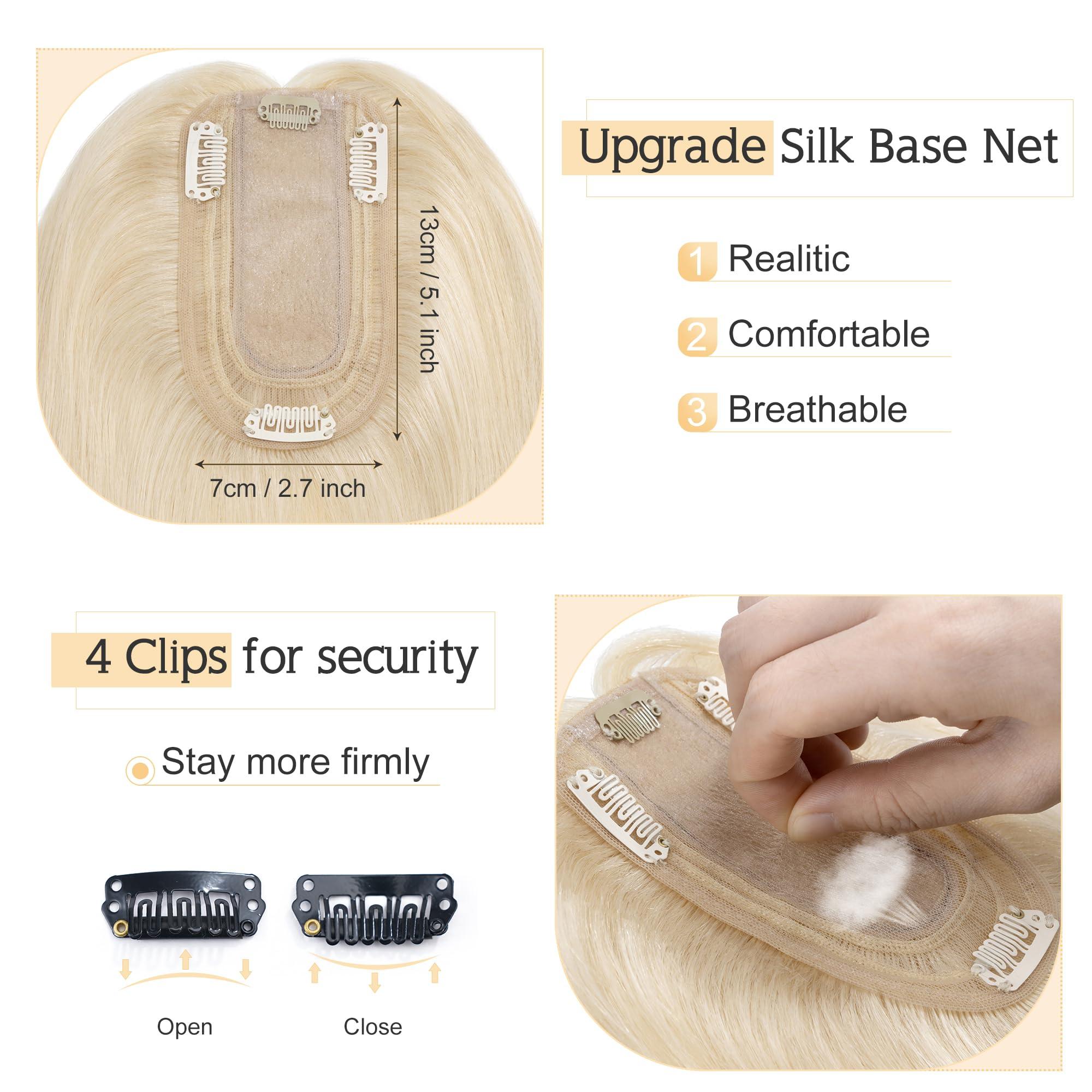 SEGO SEGO Human Hair Toppers for Women With Thinning Hair 7 * 13CM Silk Base 100% Real Human Hair Clip in Top Wiglet Hair Pieces -16 Inch No Bangs Platinum Blonde