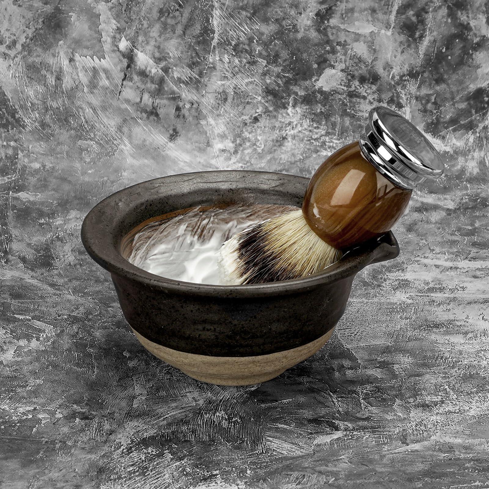 Linkidea Linkidea Inside Rough Ceramic Texture Shaving Bowl, Shaving Soap Lather Cup for Men, Beard Wet Razor Shave Cream Bowl (Black)