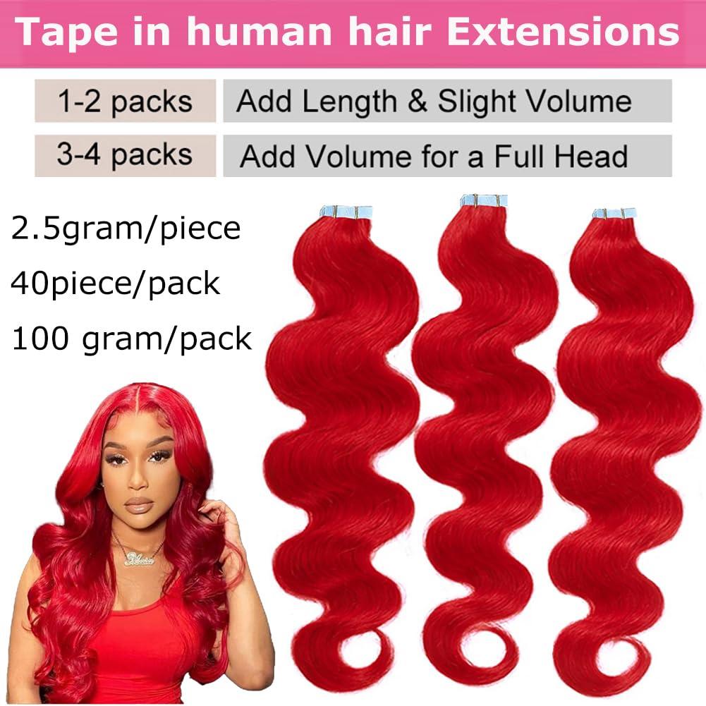 Kiss darling LASHES Red Tape in Hair Extensions Human Hair, 24inch 100g 40Pcs Red Color Body Wave Tape in Hair Extensions Remy Human Hair,Seamless PU Skin Weft Tape ins Extensions