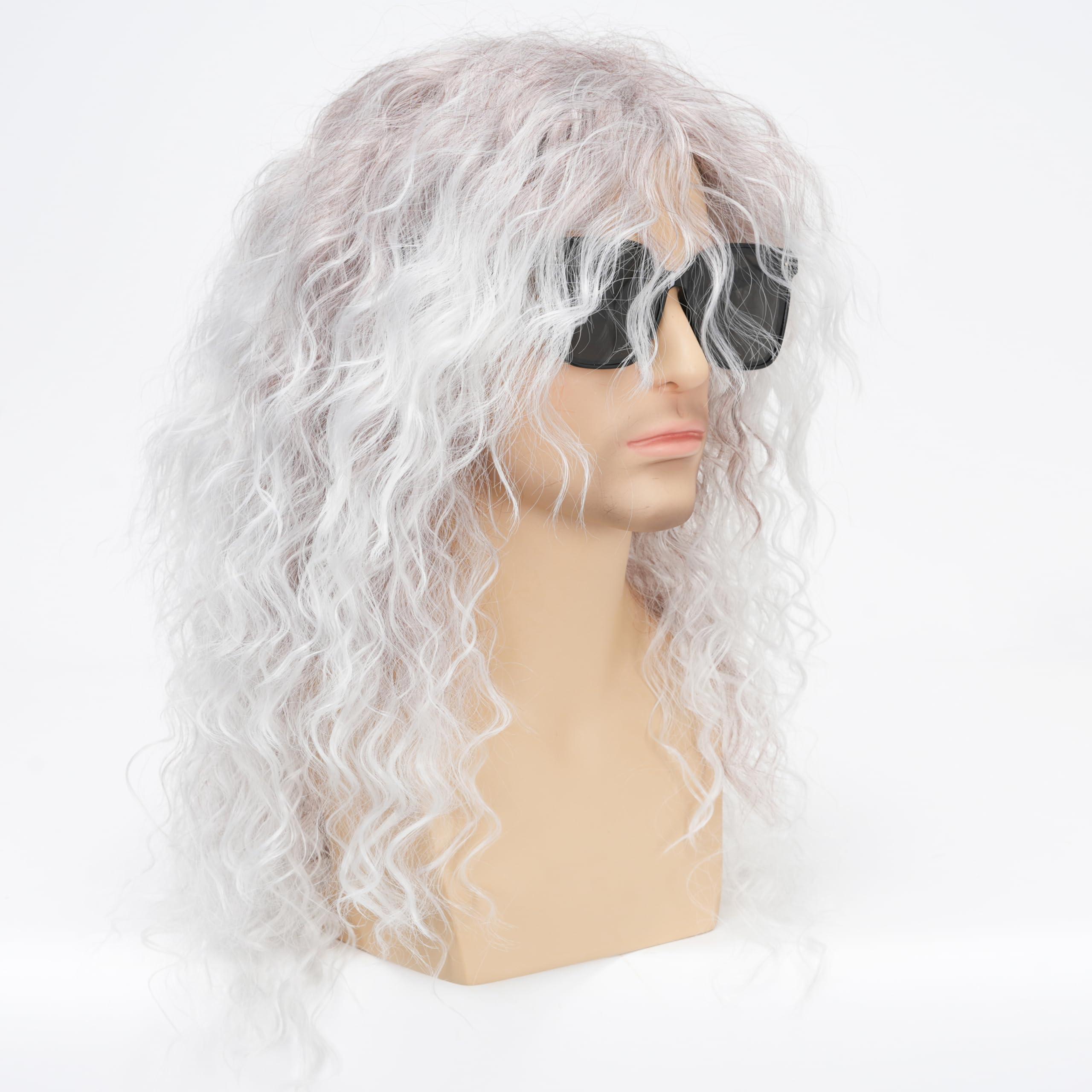 Sabosi Mens 80s Style Wigs Long Curly Silver Gradient Brown Mullet Party Wig Glam Rock-Rocker Wig for Halloween, Cosplay Costume Party