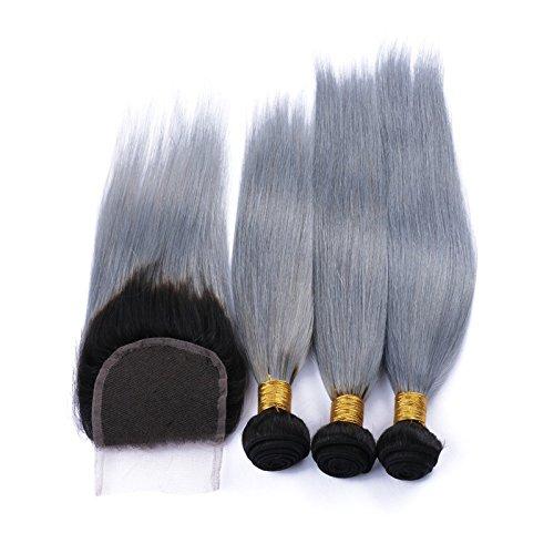 Ruma Hair Ruma Hair Dark Roots Silver Grey Ombre Virgin Hair Weave With Closure 4Pcs Lot Two Tone 1B Grey Ombre Human Hair 3 Bundles With 1Pc Straight 4x4 Lace Top Closure (20 with 22 24 26)