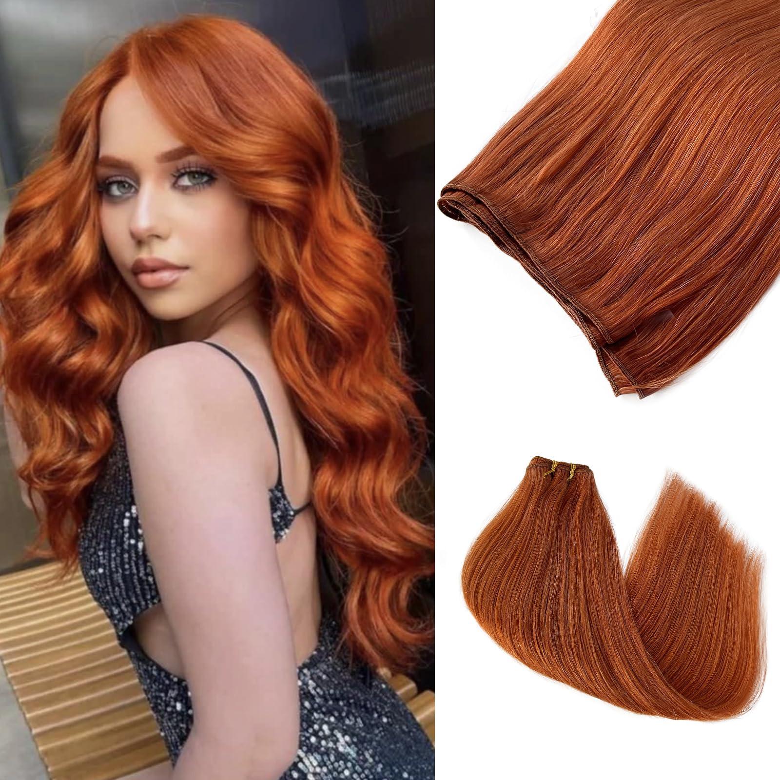 Smavida Ginger Sew in Hair Extensions Real Human Hair Weft Hair Extensions Red Wine Color Sew in Weave Silky Straight Hair Extensions Hand Tied Human Hair Weft Hair Extensions Thick Ends