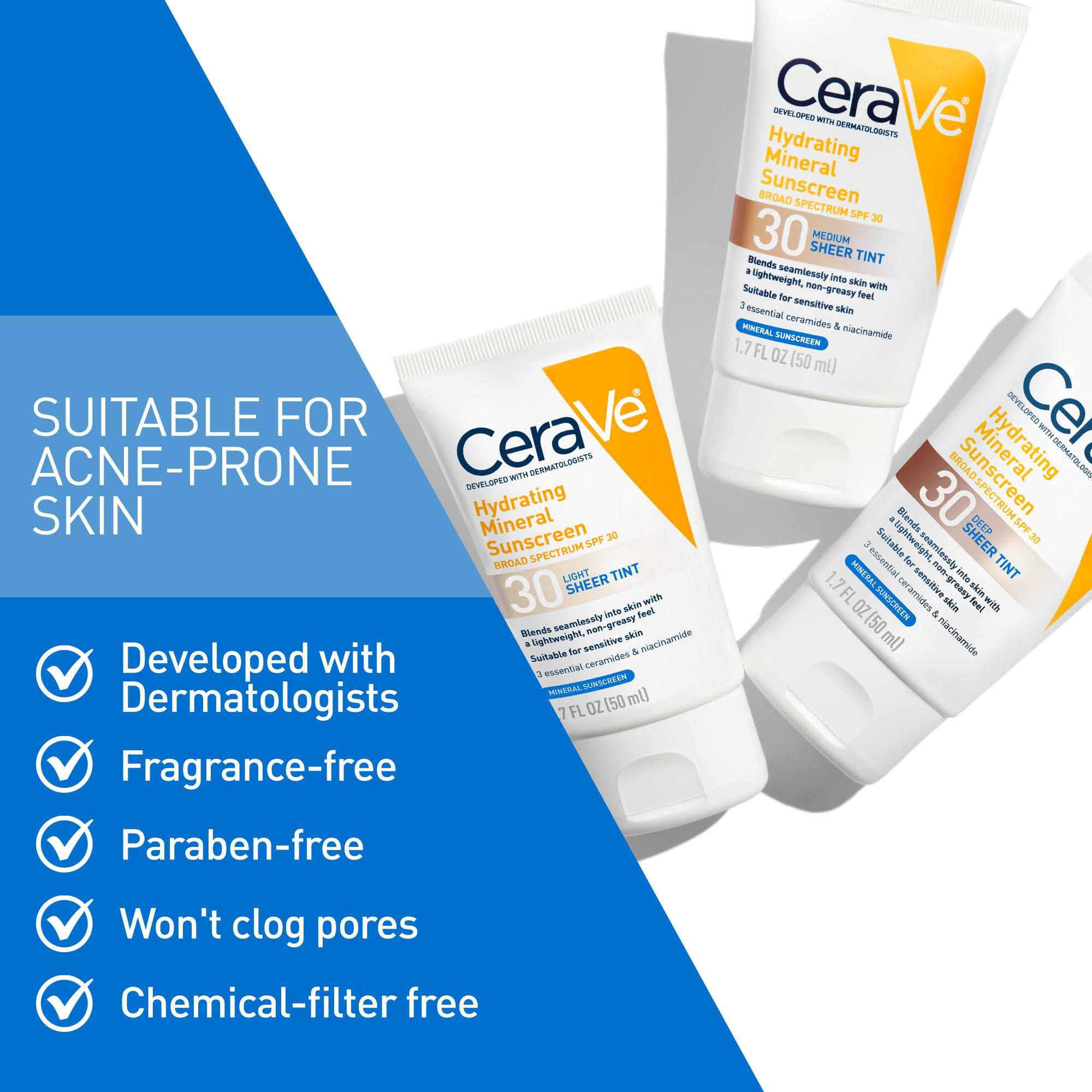 CeraVe CeraVe Hydrating Mineral Sunscreen SPF 30 with Sheer Tint, Tinted Mineral Sunscreen with Zinc Oxide & Titanium Dioxide, Blends Seamlessly For Healthy Glow, Light, 1.7 Oz