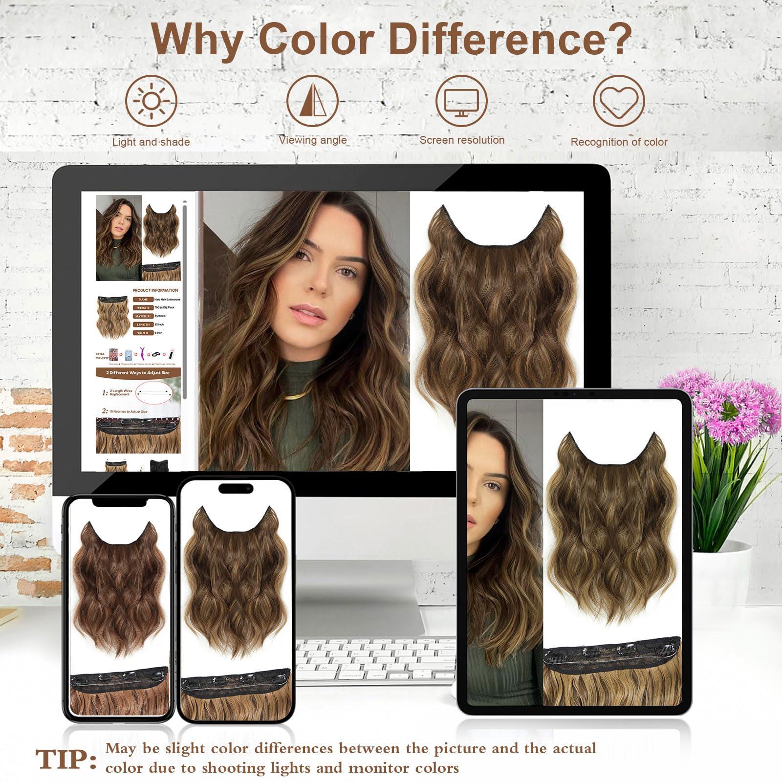 BUPPLER BUPPLER Halo Hair Extensions 12 Inch Invisible Wire Hair Extensions Adjustable Long Wavy Hair Extensions Synthetic Upgrade 4 Secure Clips in Hairpieces 12 Inch, Medium Brown Mixed Golden Brown