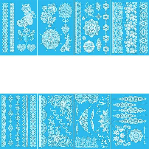 AWLEE Henna Temporary Tattoo Stickers for Women White Lace Indian Mehndi Wedding Sexy Body Waterproof for Maverick Women Teens Girls (8 Sheets White)