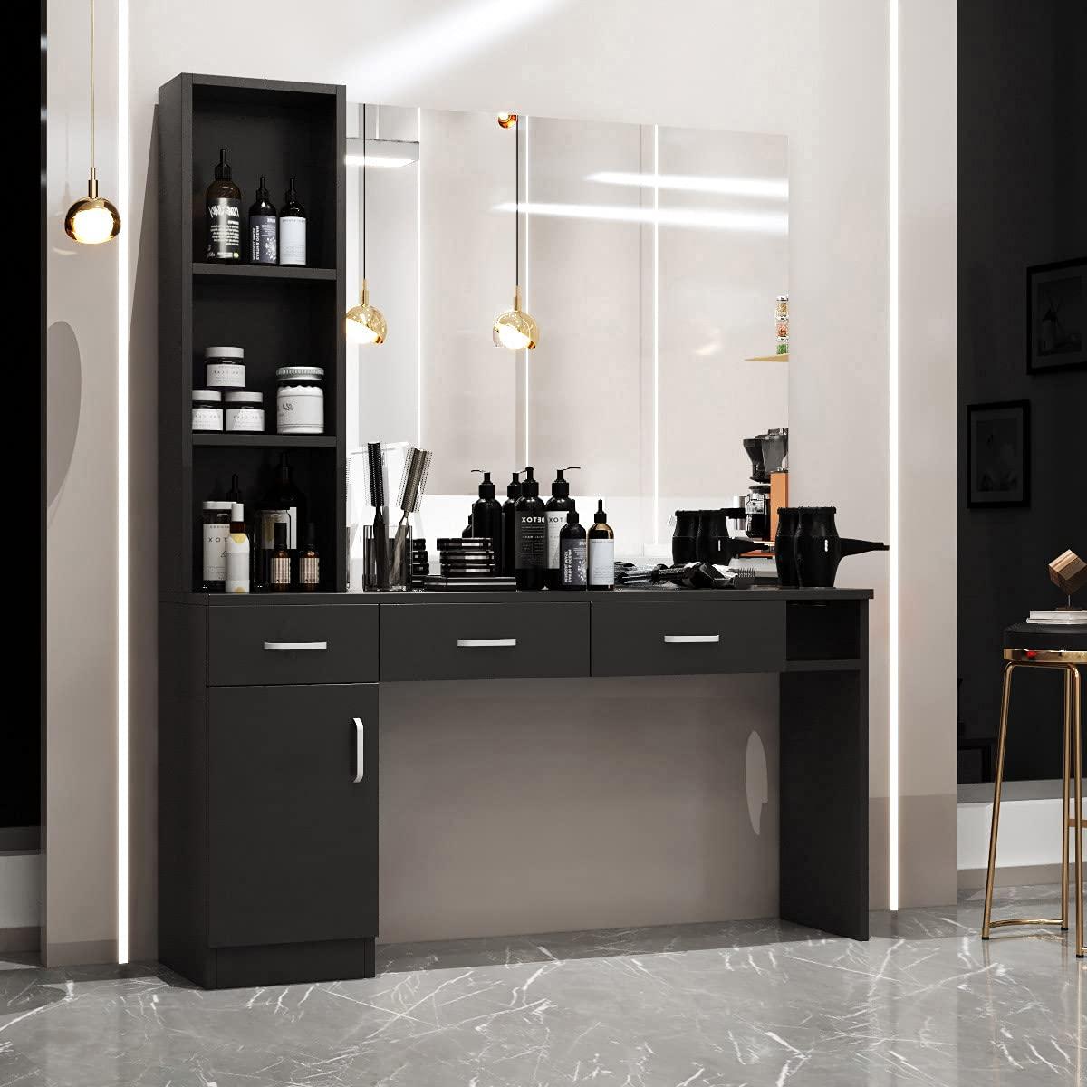 Paddie Paddie Barber Salon Station Wall Mount Hair Styling Salon Equipment Set Beauty Spa Furniture Set, Lockable Left Shelf, Mirror not Included(Black)