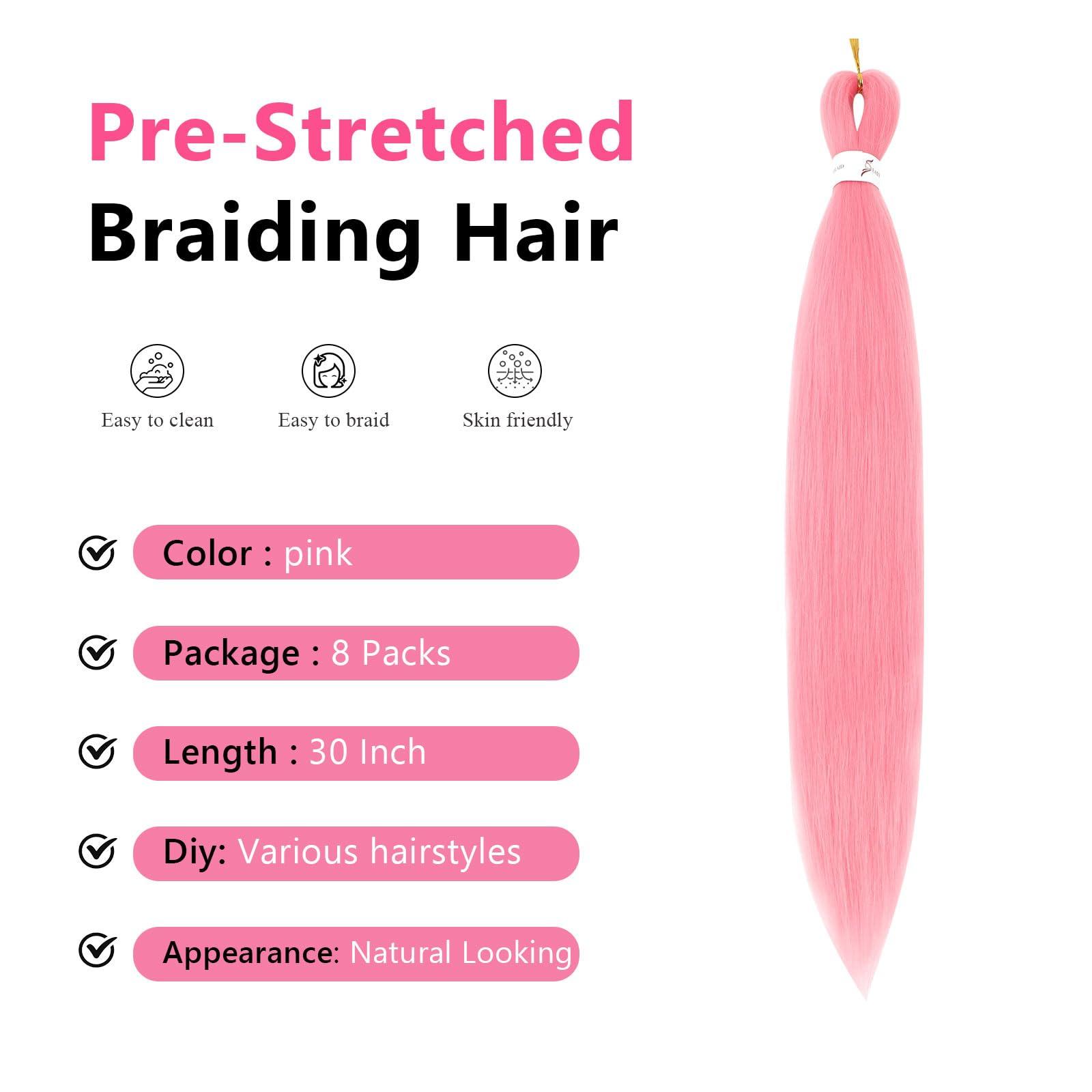 FIRSTCYH HAIR Pre Stretched Braiding Hair 30 inch Pink Braiding Hair for Black Women 8Packs Crochet Boho Braiding Hair Non Toxic (30 Inch(8packs), Pink)