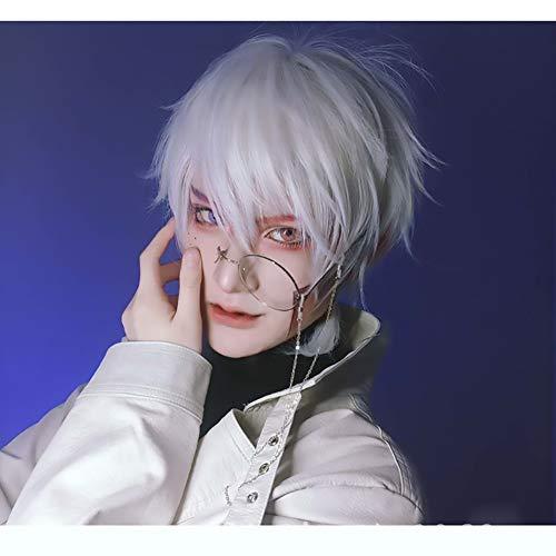 WYH Human Hair Wigs Mens Wig Cosplay Costume Fluffy Wavy Wigs White Wig Synthetic Hair Fancy Dress Stylish Party Youngs Freetress Wigs (Color : White)