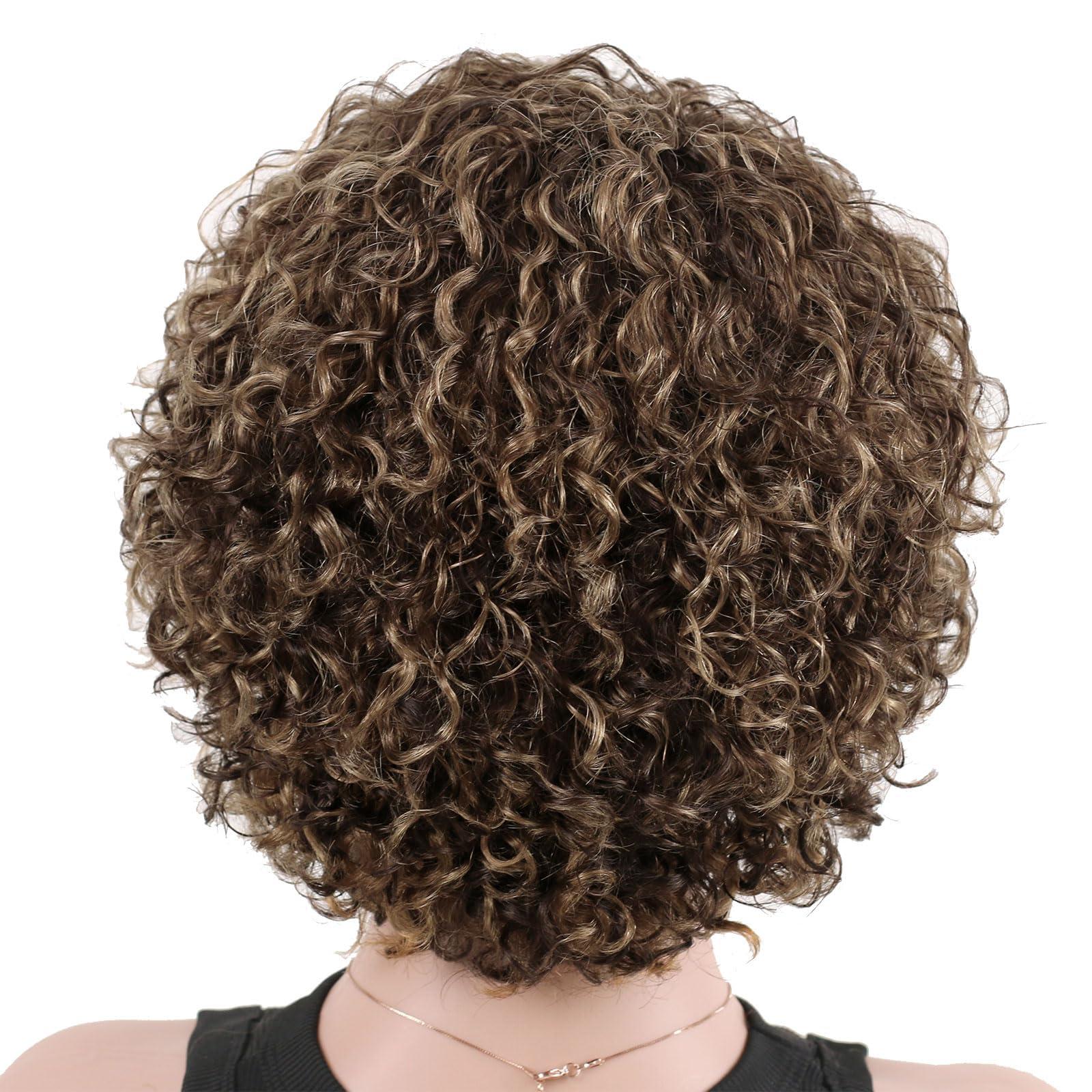 ManeMajesty ManeMajesty 8 Inch Ombre Curly Human Hair Wigs for Black Women Short Kinky Curly Afro Glueless Wig Highlight Brown Mixed Honey Blonde Side Part Jerry Curl Wig -100% Brazilian Human Hair P4/27