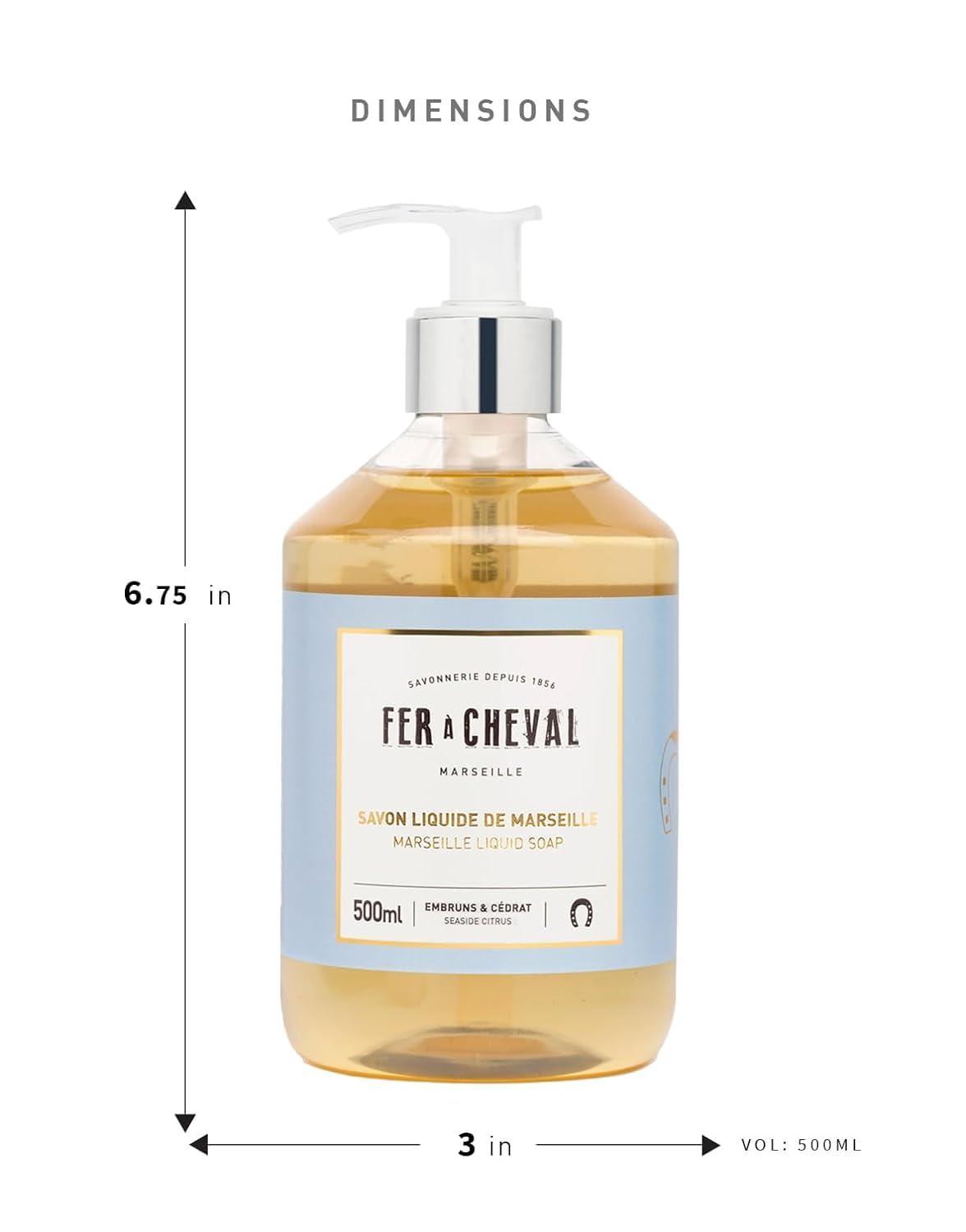 Fer a Cheval Fer Cheval Marseille Liquid Soap, Luxury French Liquid Soap, Savon Liquide De Marseille, Seaside Citrus 500ml, Set of 2, 16.9 f oz