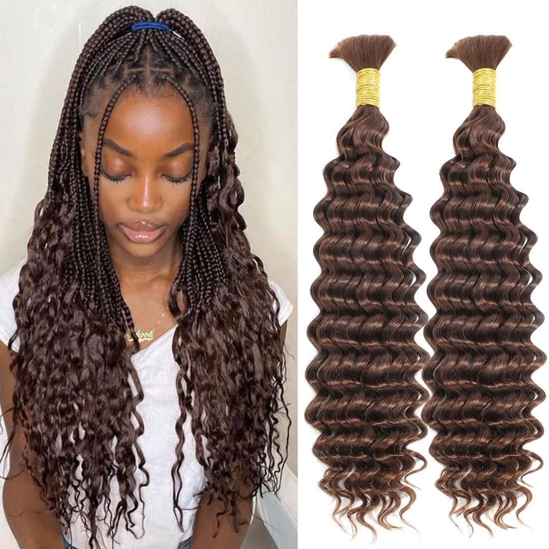 Beaushine Beaushine Human Braiding Hair for Boho Braids, Color 4 Deep Wave Bulk Human Hair for Braiding,22 inch,100g, 12A Grade Chocolate Brown Deep Curly Boho Braids Human Hair