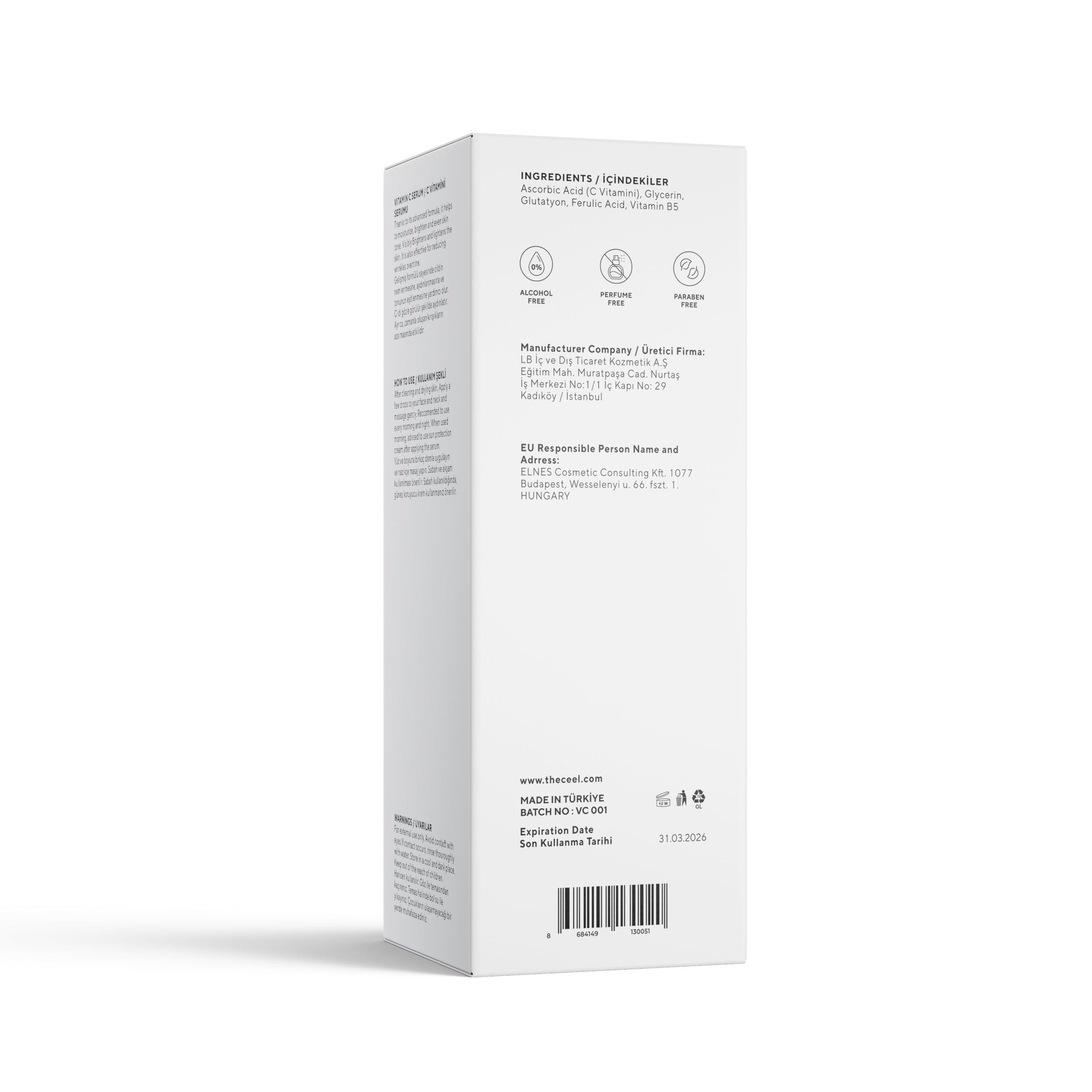 The Ceel The Ceel 20% Vitamin C Brightening Anti-Aging Serum for Face with Ascorbic, Ferulic Acid & Vitamin B5 - Paraben & Perfume Free Skin Care Formula for Hydration, Wrinkles, Dark Spots, & Radiance - 30ml