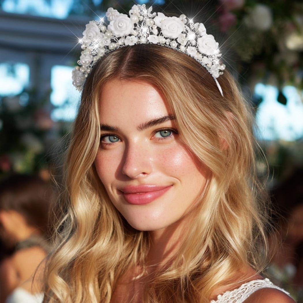 CAKURE CAKURE Flower Wedding Headband Silver Bridal Hair Band Pearl Floral Headpiece Wedding Hair Accessories for Women