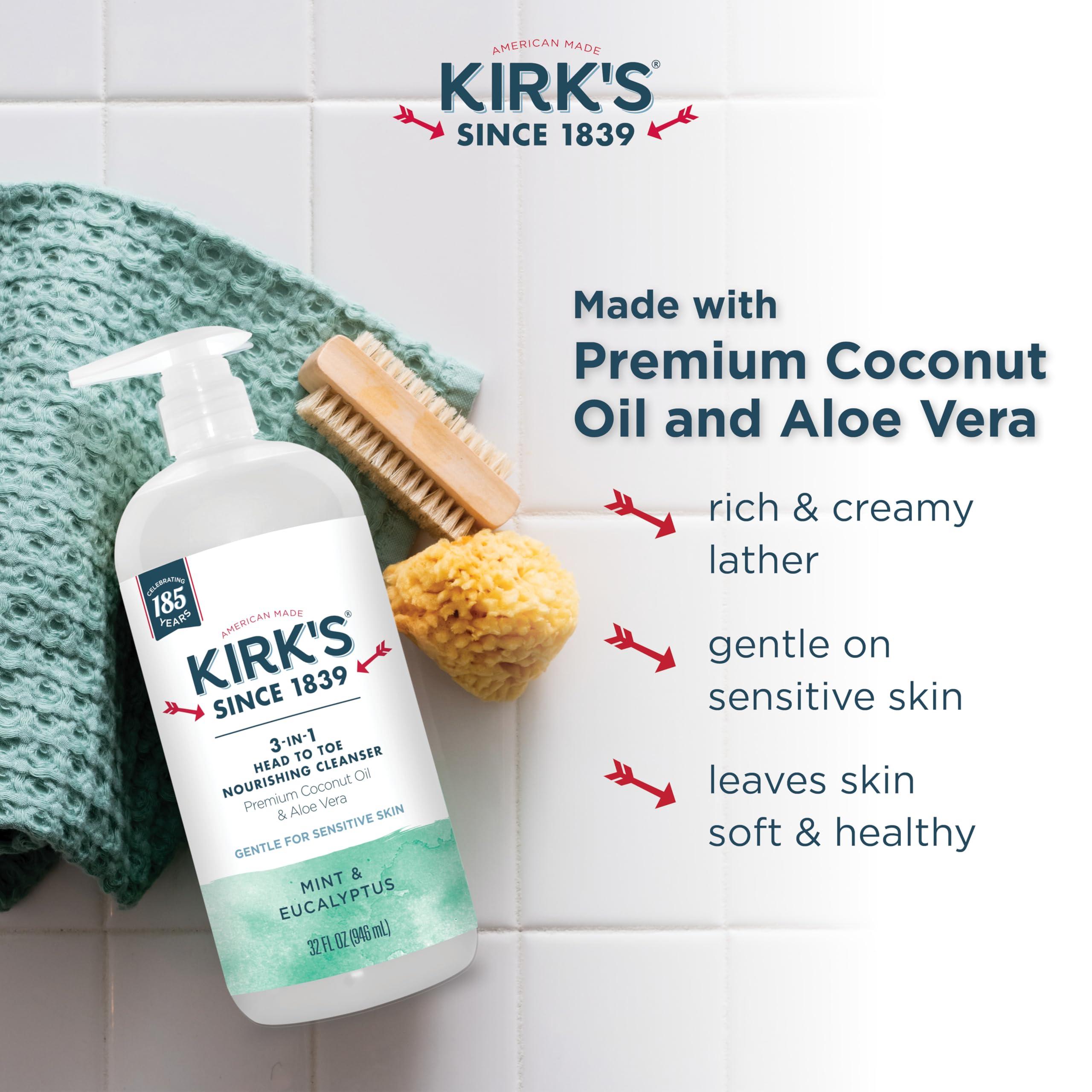 Kirk's Kirk\'s 3-in-1 Head to Toe Nourishing Liquid Cleanser & Travel Size Bar Soap - for Men, Women & Children - Premium Coconut Oil & Aloe Vera- Non GMO & Vegan -Mint & Eucalyptus - 32 Fl Oz