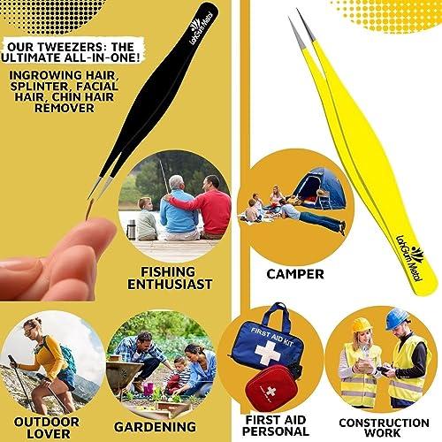 LahGum Metal Super Sharp Pointed Tweezers Precision Fine Point Tip Ingrown Hair Tweezers Kit Best Pointed Tweezers for Women Chin Hair Removal - Extra Thin Tweezers Precision Stainless Facial Hair Remover for Face