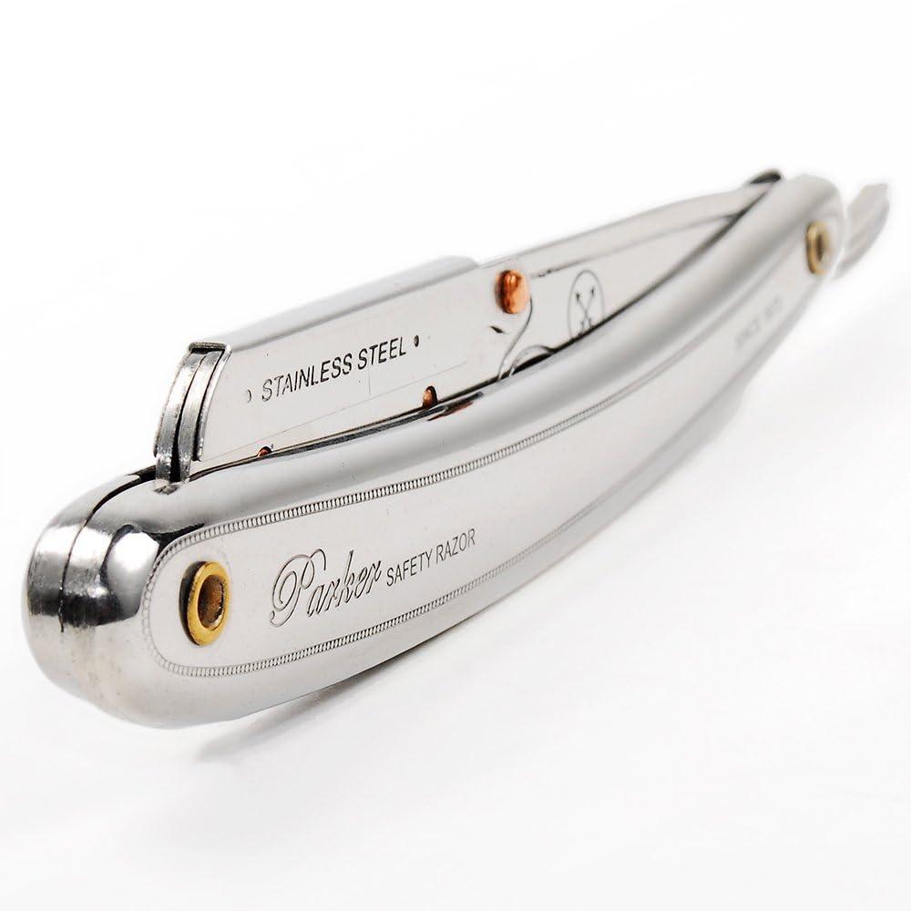 Parker Safety Razor Parker SR1 Stainless Steel Straight Edge Barber Razor Professional Shavette for Barbers & Home Use with 5 Premium Platinum Half Blades Replaceable Blade Straight Razor for Close, Smooth Shaves