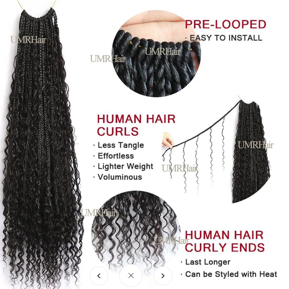 UMRHair Prelooped Human Hair Bulk Crochet Goddess Braids with Human Hair Curls Synthetic Braiding Hair with Curly Ends Crochet Boho Box Braids Natural Black 30inch