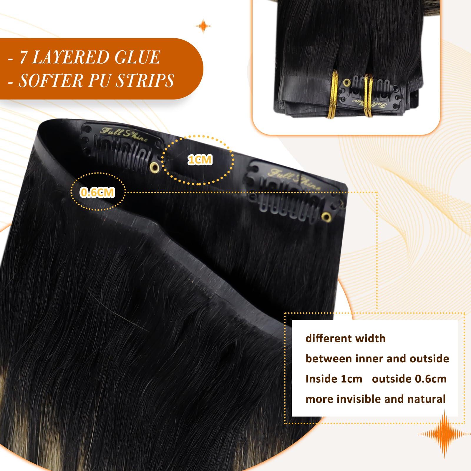 Full Shine Full Shine Human Hair Extensions Balayage Clip in Hair Extensions Off Black to Black With Caramel Blonde Hair Extensions Real Human Hair PU Weft Straight Black Blonde Hair Extensions 120Grams 18 Inch