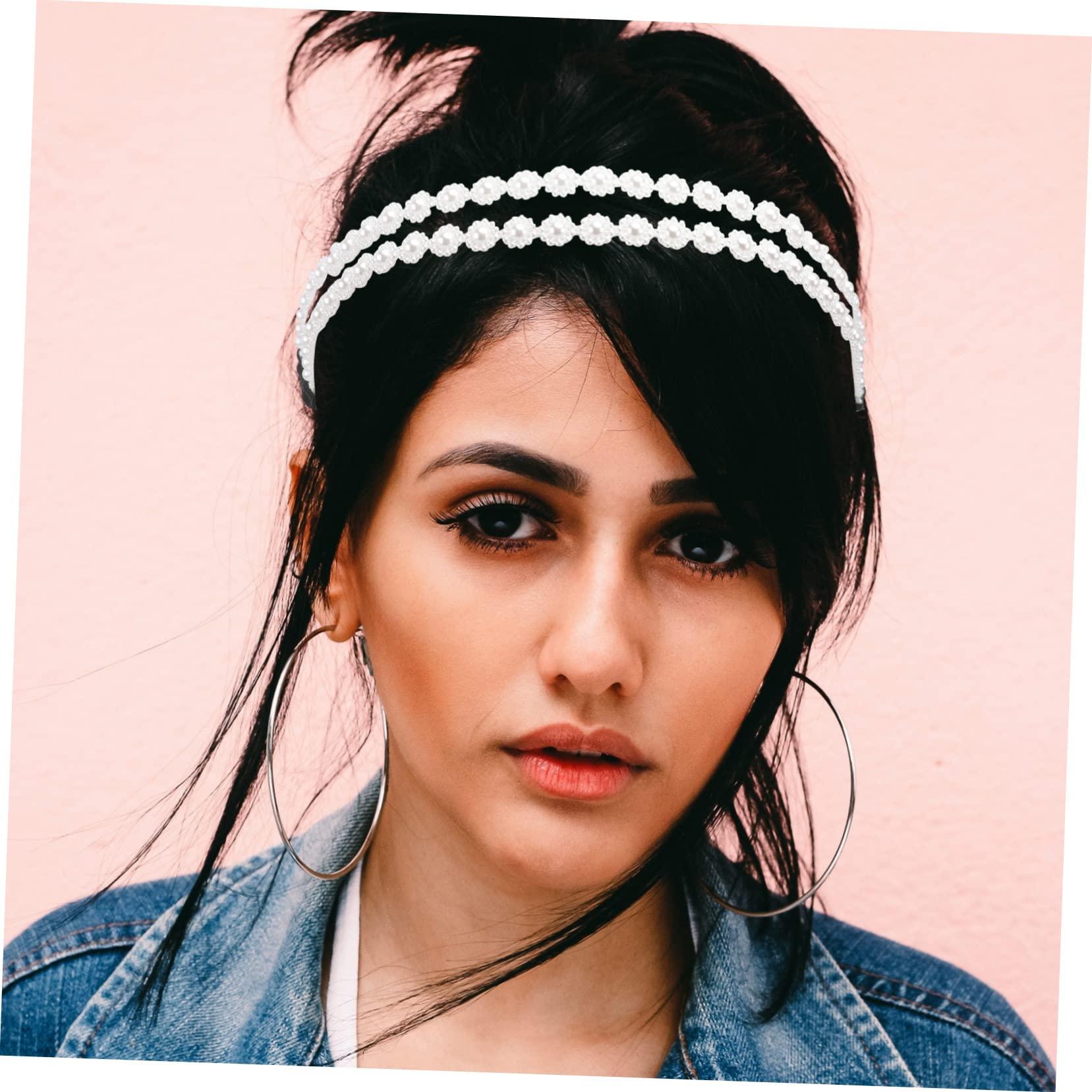 SKISUNO SKISUNO Bridal Hair Accessories Sparkly Hair Bands for Women Hair Band Gold Jewelry Headband Pearl Necklace Pearl Elastic Hairbands Bandana Hair Bands for Women Pearl Band White