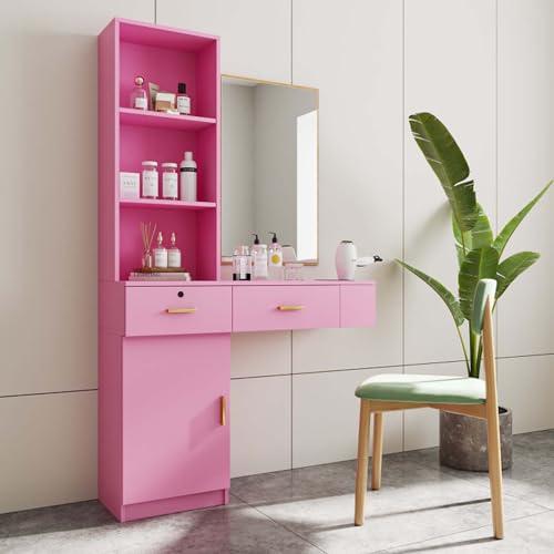 Shuoya Jewelry Salon Stations, Barber Stations Vanity Desk with Open Storage Shelf and Drawers, Hair Styling Equipement Set for Hair Stylist Bedroom Make Up Room Girls Women (Pink)